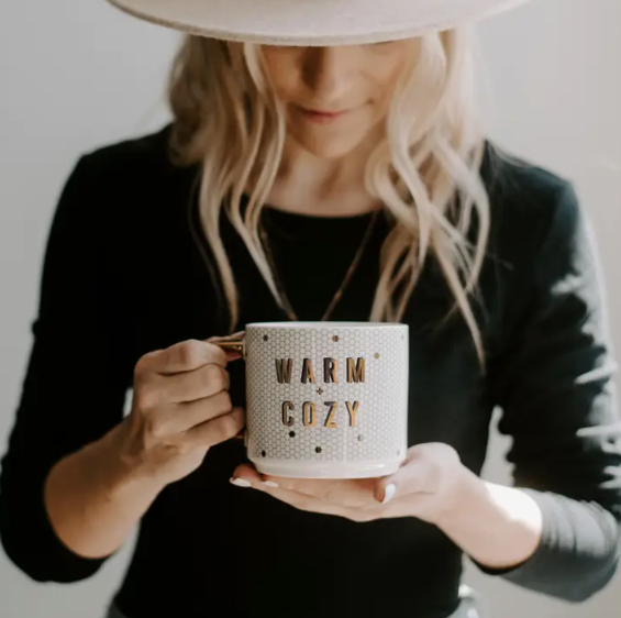 Warm + Cozy - Gold, White Honeycomb Tile Coffee Mug- 17 oz