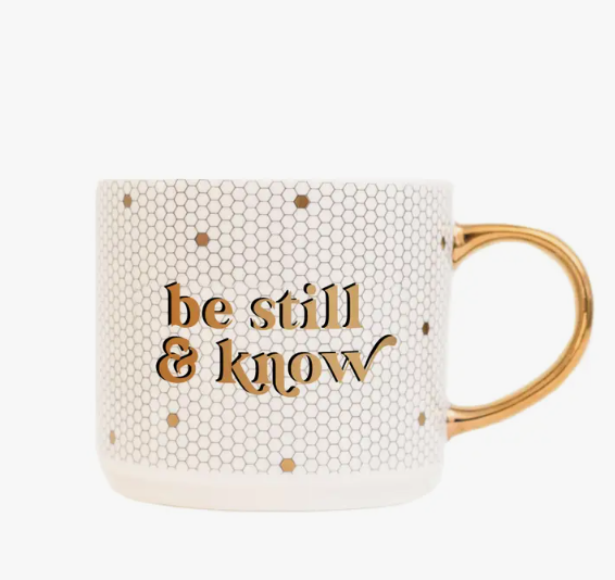 Be Still + Know - Gold, White Tile Coffee Mug - 17 oz