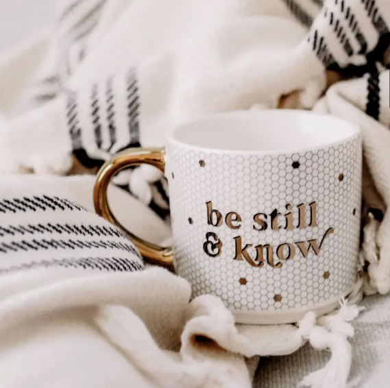 Be Still + Know - Gold, White Tile Coffee Mug - 17 oz