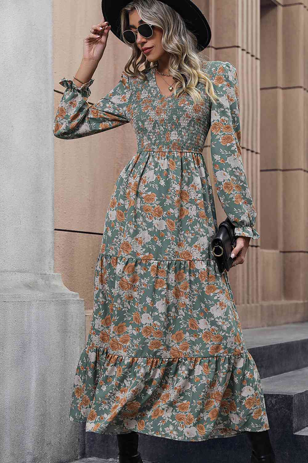 V-Neck Smocked Flounce Sleeve Dress