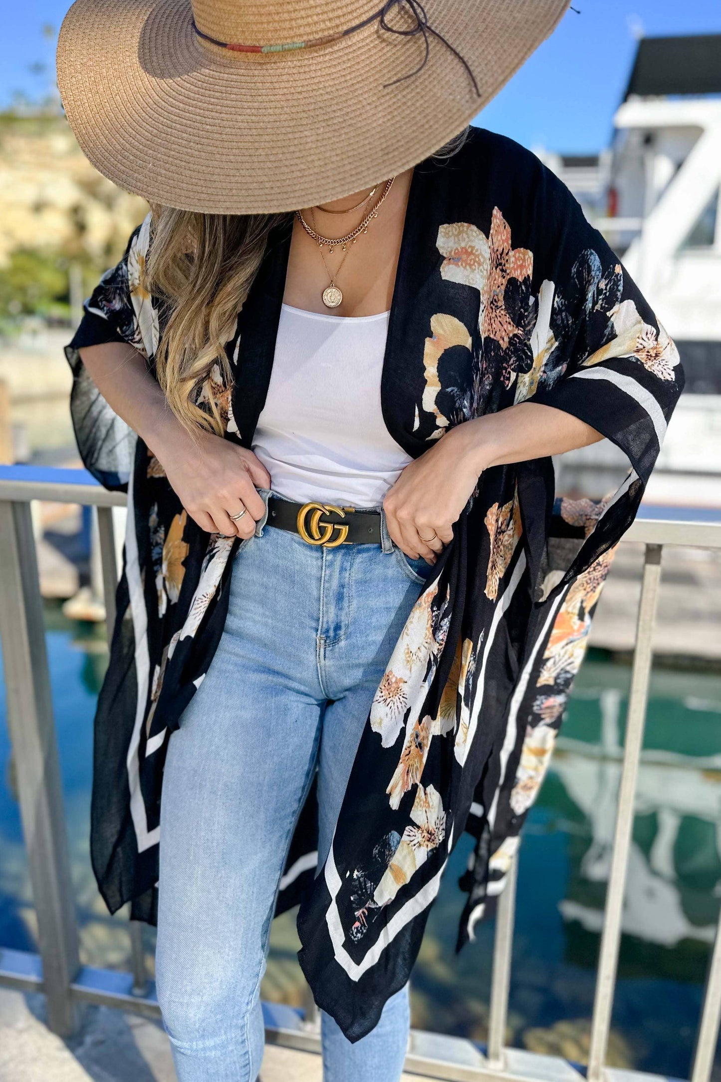Black Floral Printed Kimono Cover Up