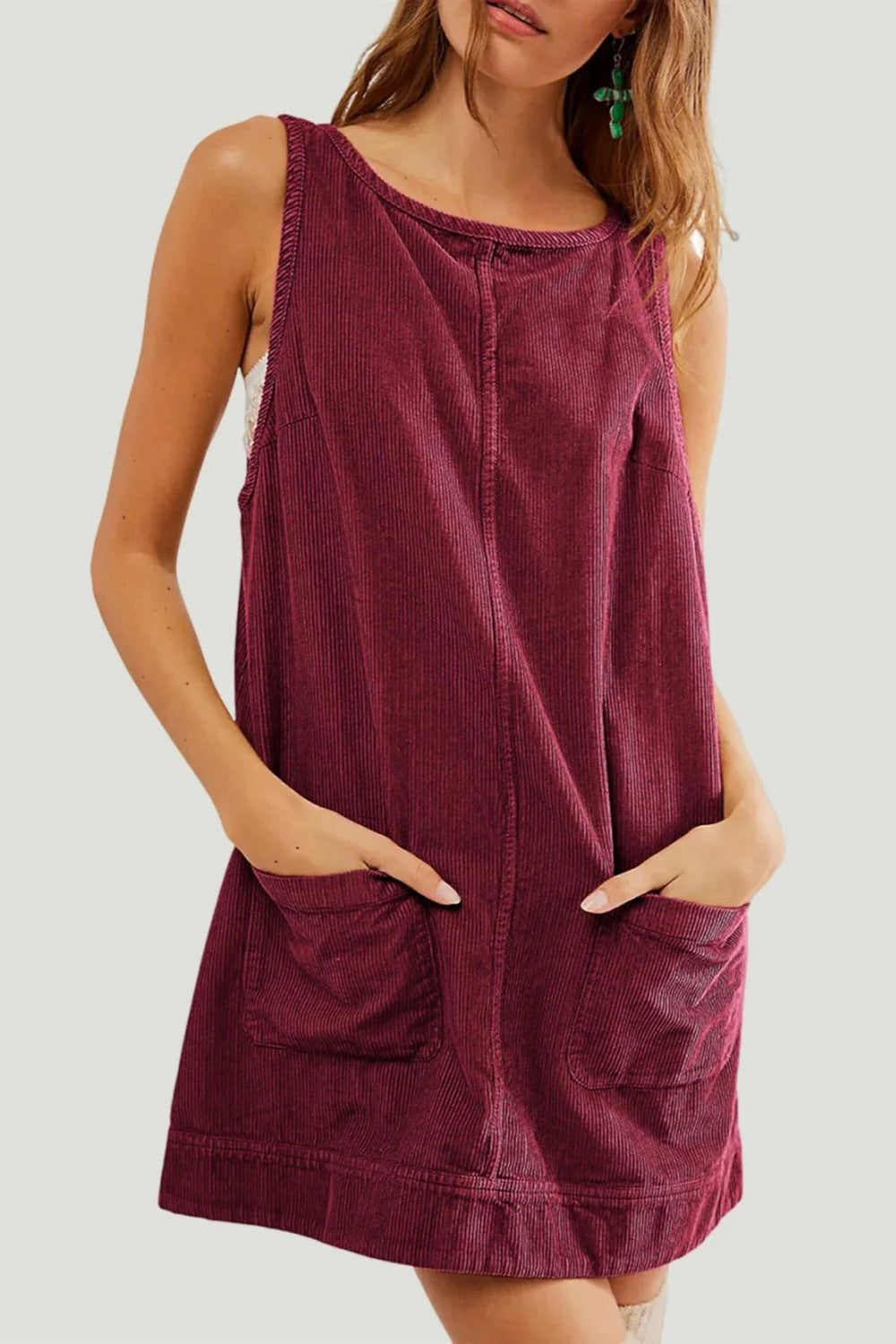 Round Neck Wide Strap Corduroy Mini Dress