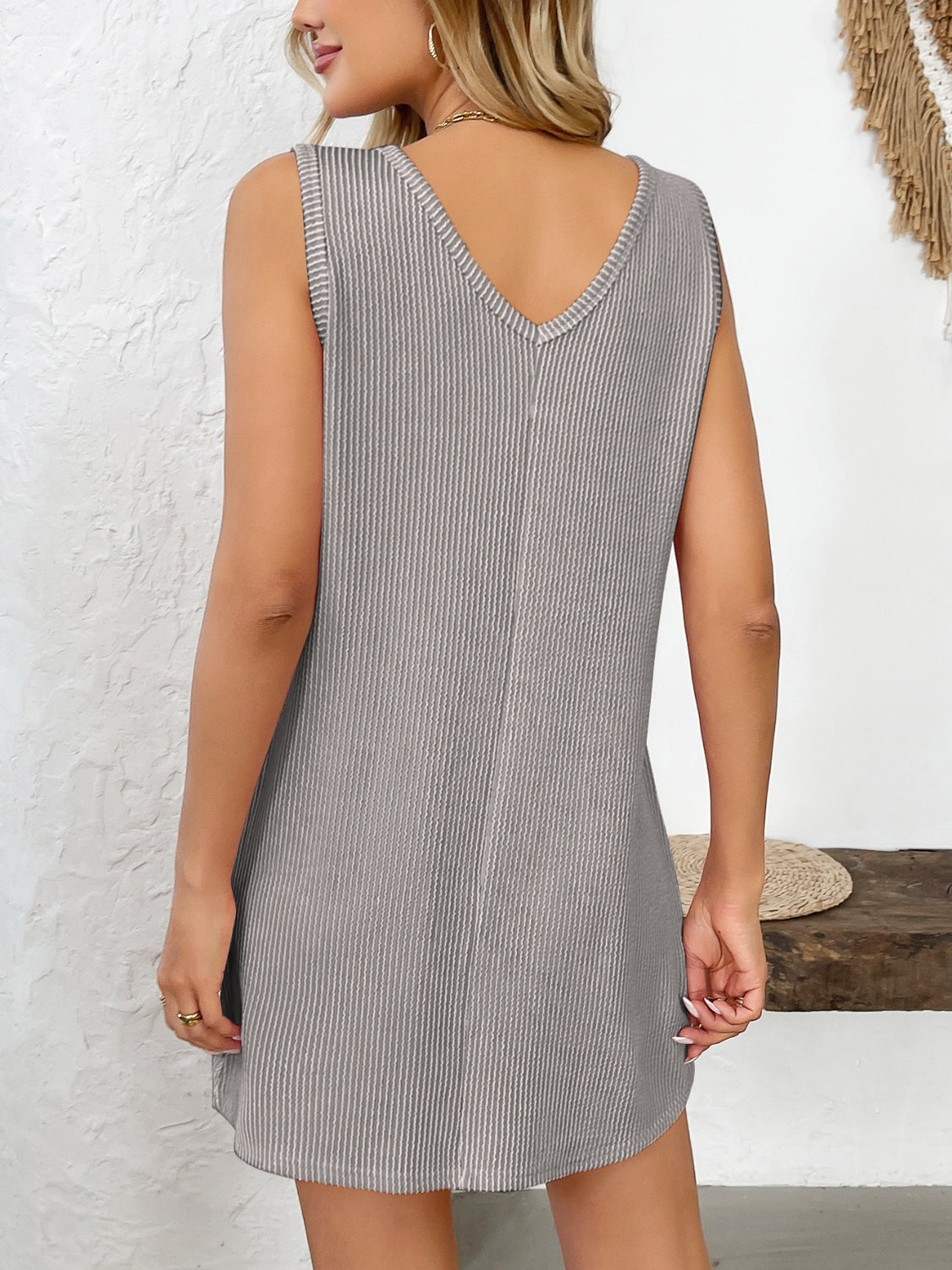 Texture Pocketed V-Neck Tank Dress