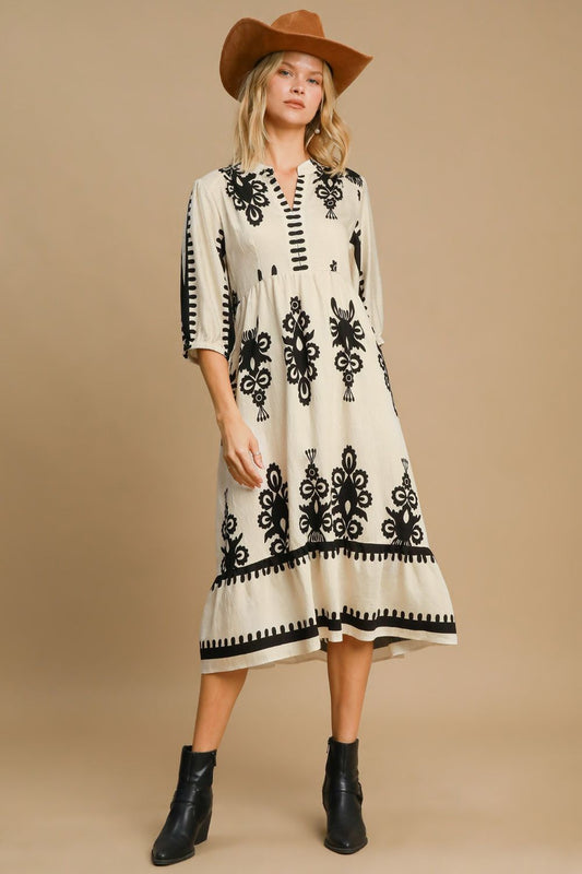 Umgee Printed Notched Midi Dress