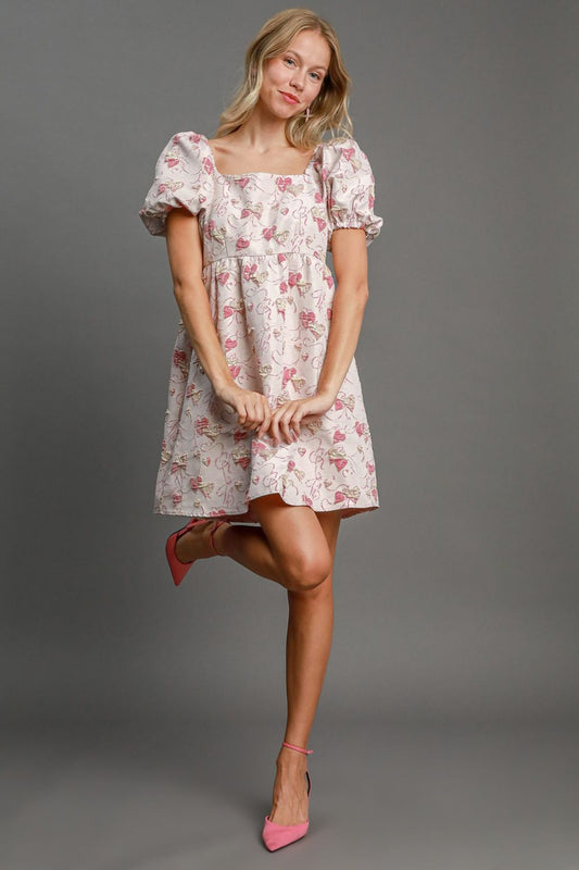 Umgee Heart Jacquard Square Neck Puff Sleeve Mini Dress