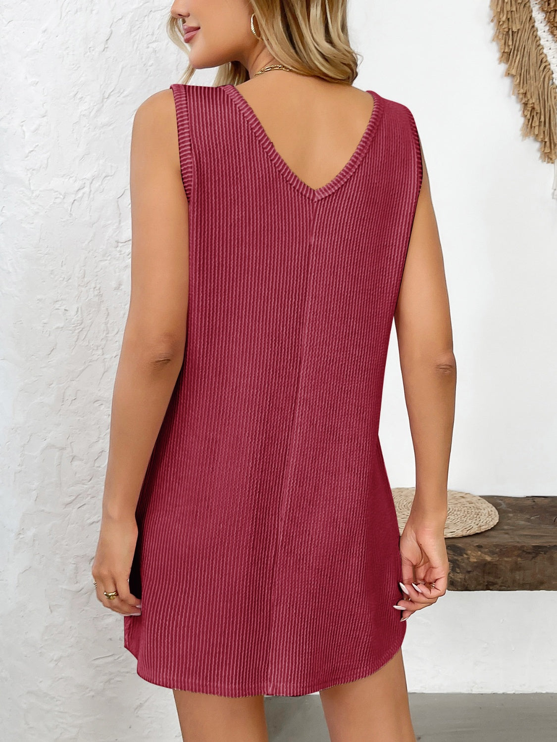 Texture Pocketed V-Neck Tank Dress