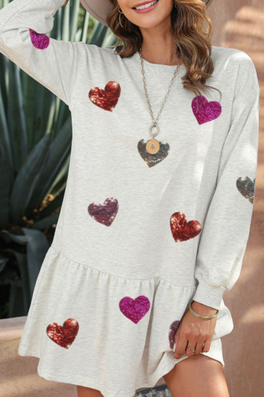 Sequin Heart Round Neck Long Sleeve Mini Dress