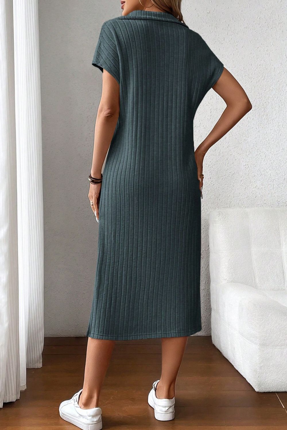 Side Slit Johnny Collar Short Sleeve Midi Dress