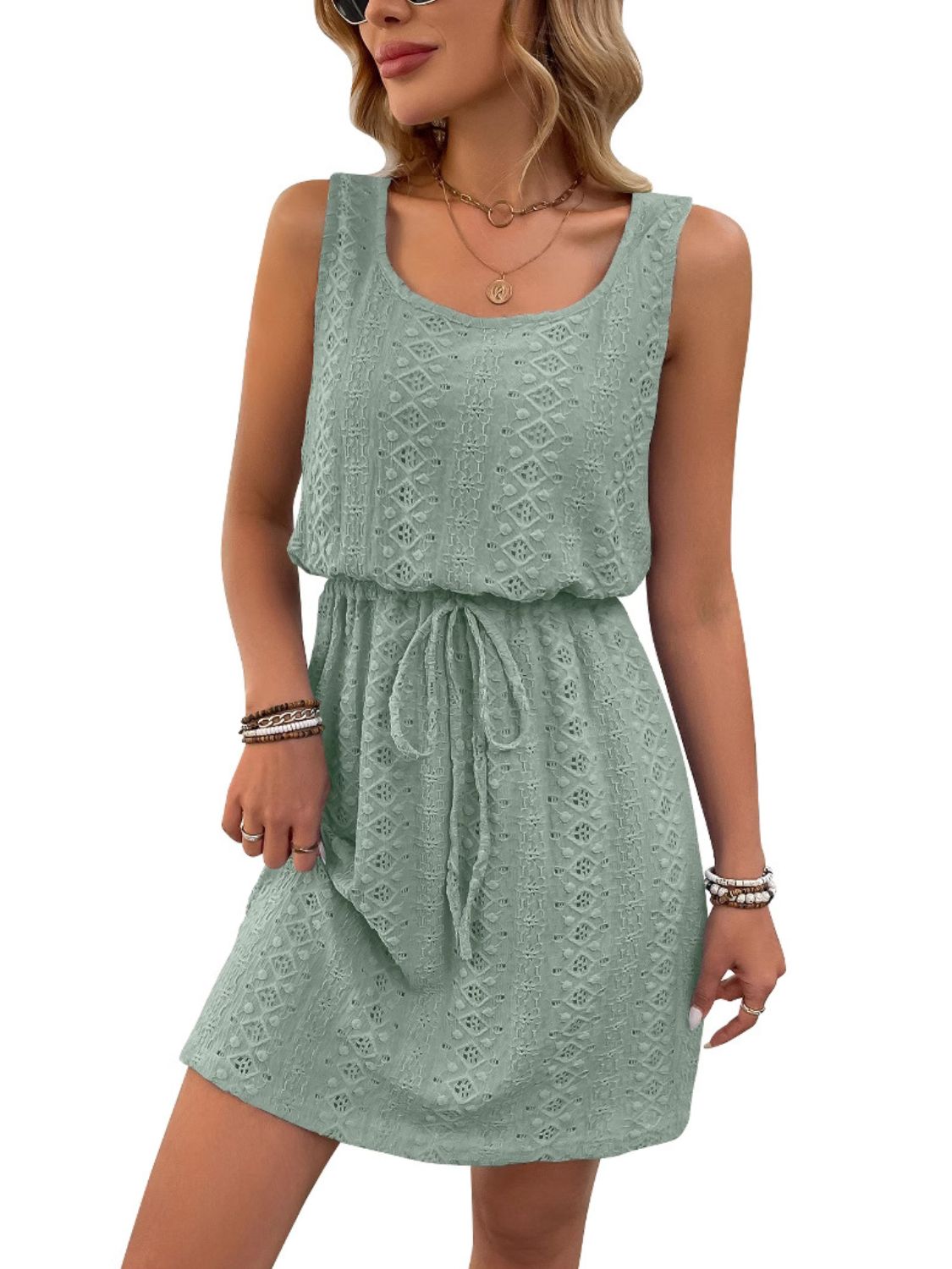 Eyelet Drawstring Round Neck Sleeveless Dress