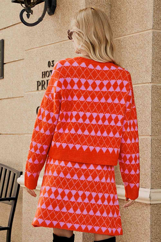 Geometric Dropped Shoulder Cardigan and Knit Skirt Set