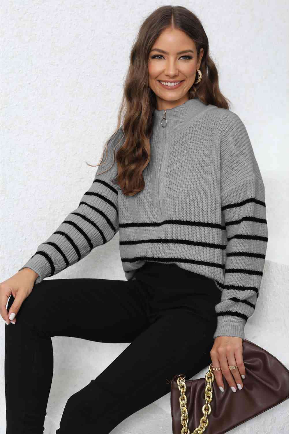 Mock Neck Long Sleeve Zip-Up Sweater