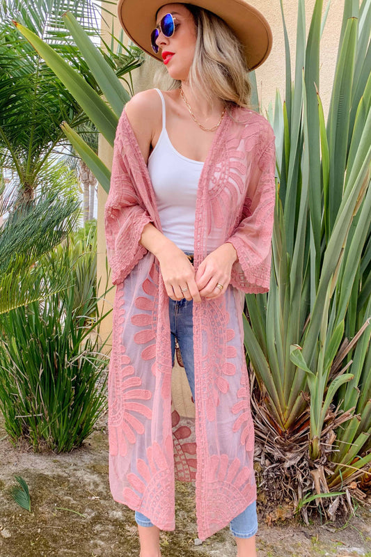 Mauve Floral Lace Maxi Kimono