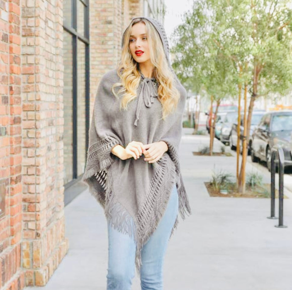 Lace Up Knit Poncho with Hood in Gray