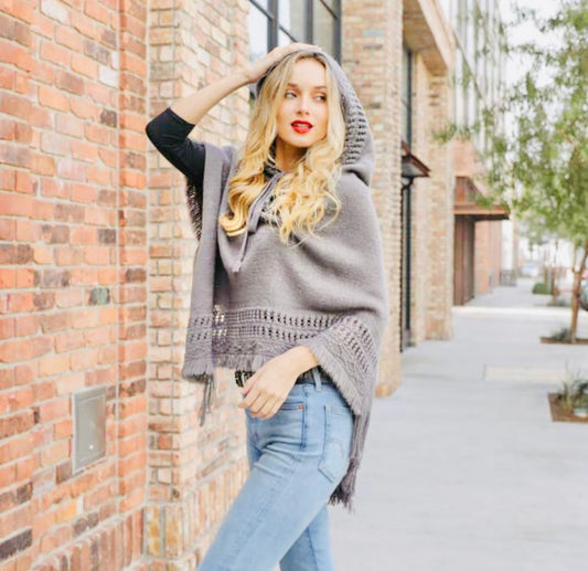 Lace Up Knit Poncho with Hood in Gray