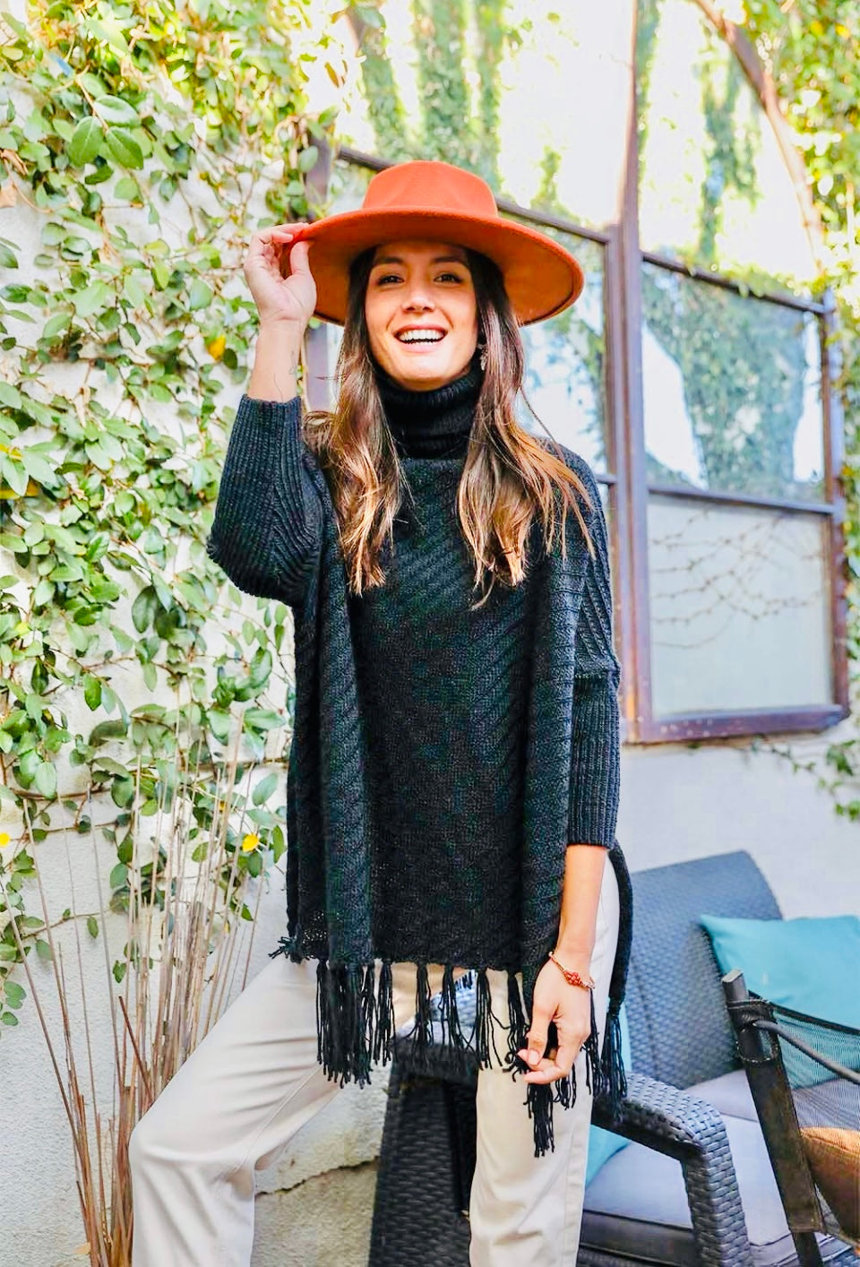 Roll Neck Poncho Sweater in Black