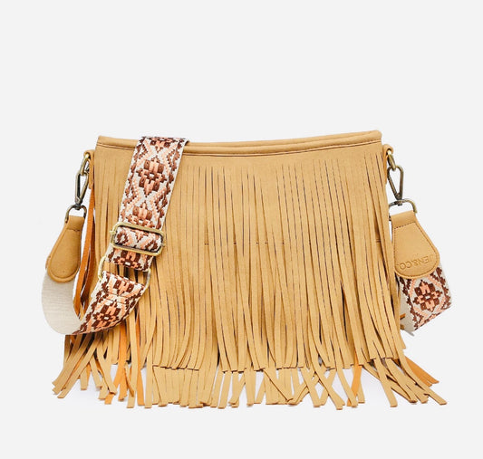 Sadie Suede Fringe Crossbody with Guitar Strap in Tan