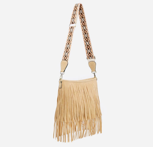 Sadie Suede Fringe Crossbody with Guitar Strap in Tan