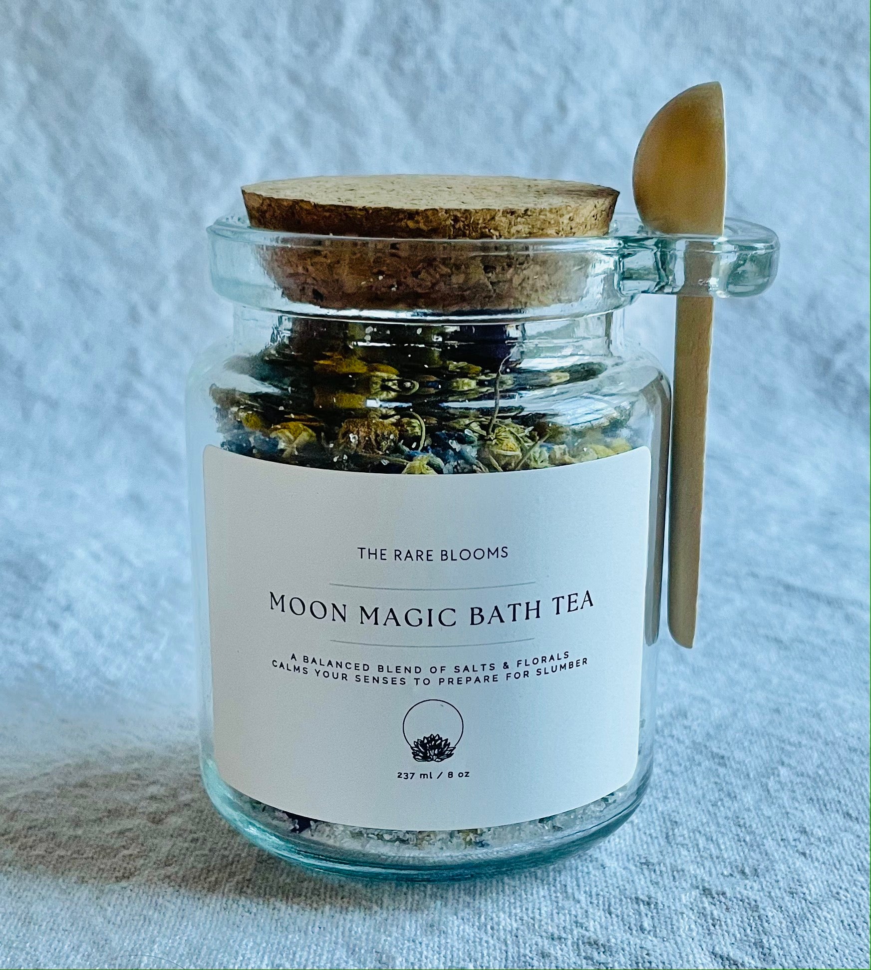 Moon Magic Bath Tea for your bath time ritual self care. A balanced blend of salts and florals to calm the senses and prepare the mind for slumber. 8oz glass jar with scoop