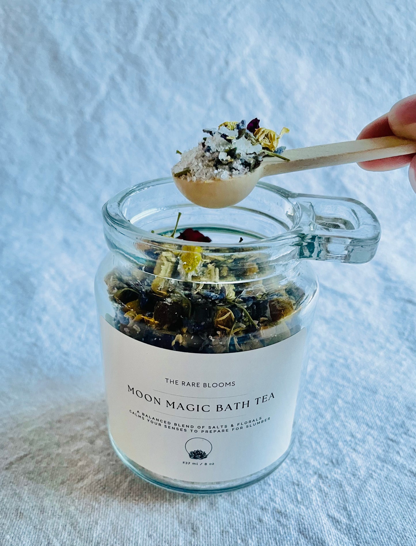 Moon Magic Bath Tea for your bath time self care ritual. A balanced blend of salts and florals to calm the senses and prepare for slumber.