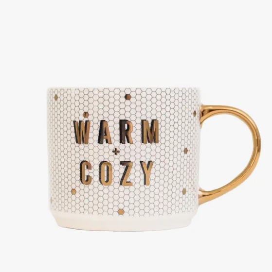Warm + Cozy - Gold, White Honeycomb Tile Coffee Mug- 17 oz